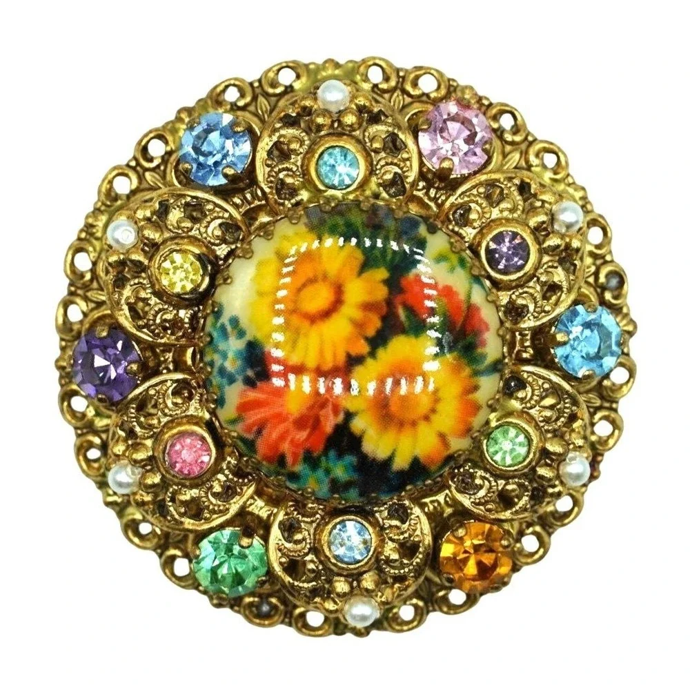 West Germany Brooch‎ Pastel Rhinestones Floral Cabochon Costume Jewelry Vintage